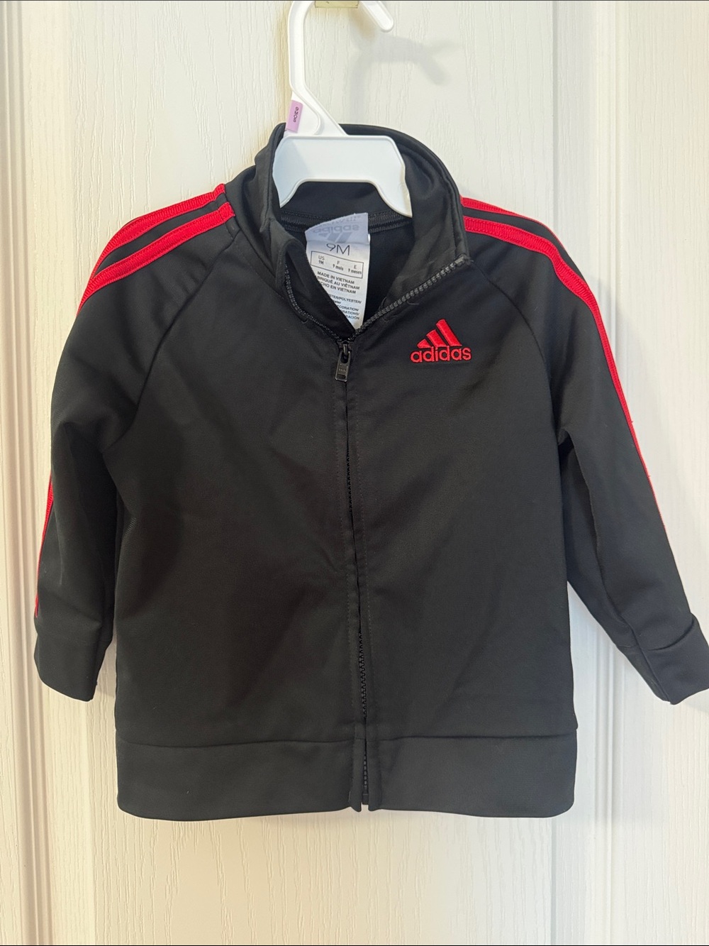 Adidas Baby 9M Black Red 3-Stripes Full Zip Track Jacket